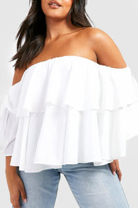 Boohoo White Plus Off The Shoulder Ruffle Peplum Womens Top