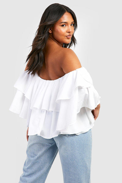 Boohoo White Plus Off The Shoulder Ruffle Peplum Womens Top