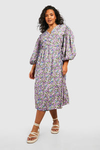 Boohoo Purple Plus Floral Puff Sleeve Wrap Midi Womens Dress