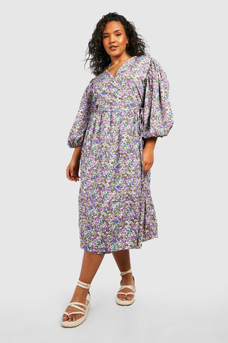 Boohoo Purple Plus Floral Puff Sleeve Wrap Midi Womens Dress