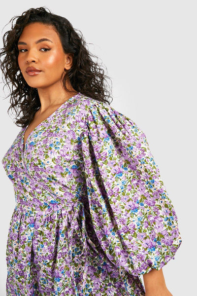 Boohoo Purple Plus Floral Puff Sleeve Wrap Midi Womens Dress