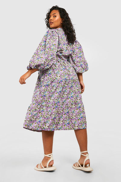 Boohoo Purple Plus Floral Puff Sleeve Wrap Midi Womens Dress