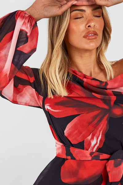 Boohoo Red Floral Chiffon One Shoulder Womens Mini Dress