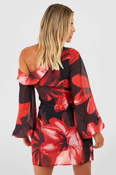 Boohoo Red Floral Chiffon One Shoulder Womens Mini Dress