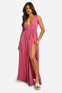 Boohoo Rose Cheesecloth Plunge Belted Womens Maxi Dress