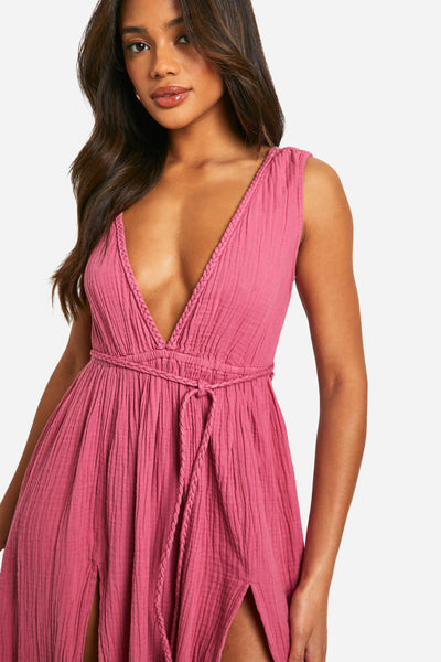 Boohoo Rose Cheesecloth Plunge Belted Womens Maxi Dress