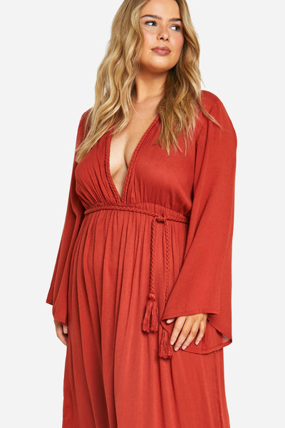 Boohoo Plus Rust Cheesecloth Batwing Maxi Womens Dress