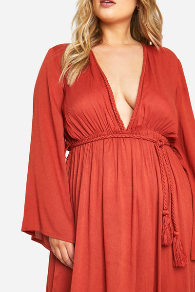Boohoo Plus Rust Cheesecloth Batwing Maxi Womens Dress