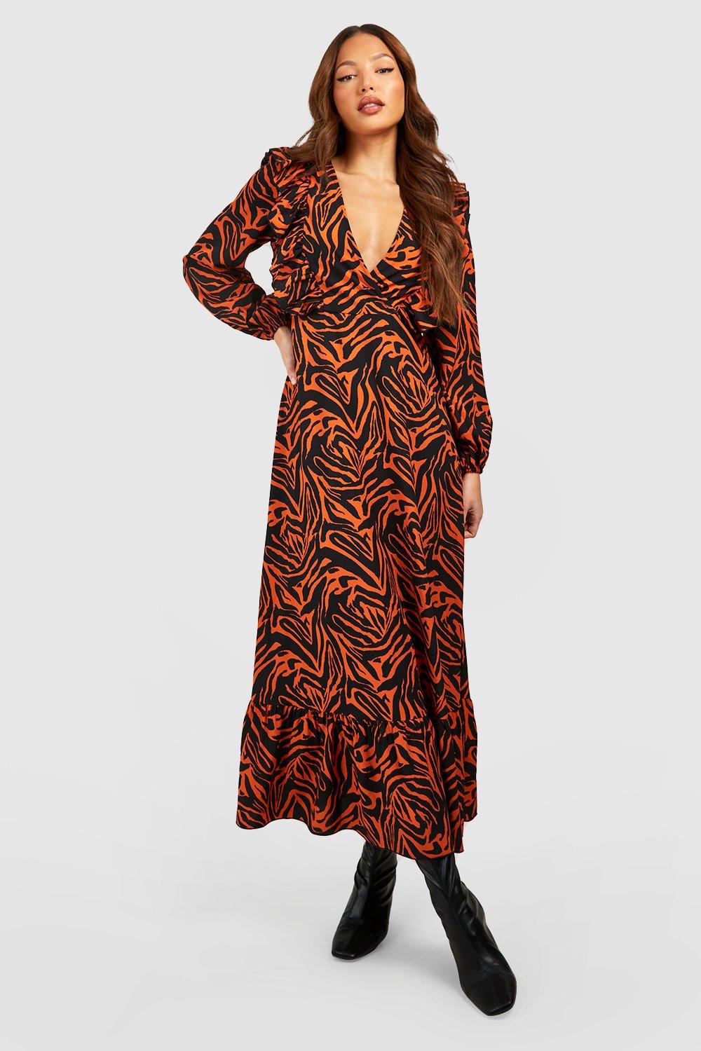 Boohoo Rust Tall Ruffle Midaxi Womens Dress
