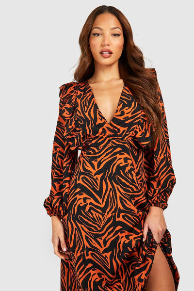 Boohoo Rust Tall Ruffle Midaxi Womens Dress