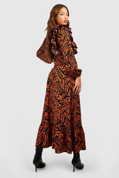 Boohoo Rust Tall Ruffle Midaxi Womens Dress