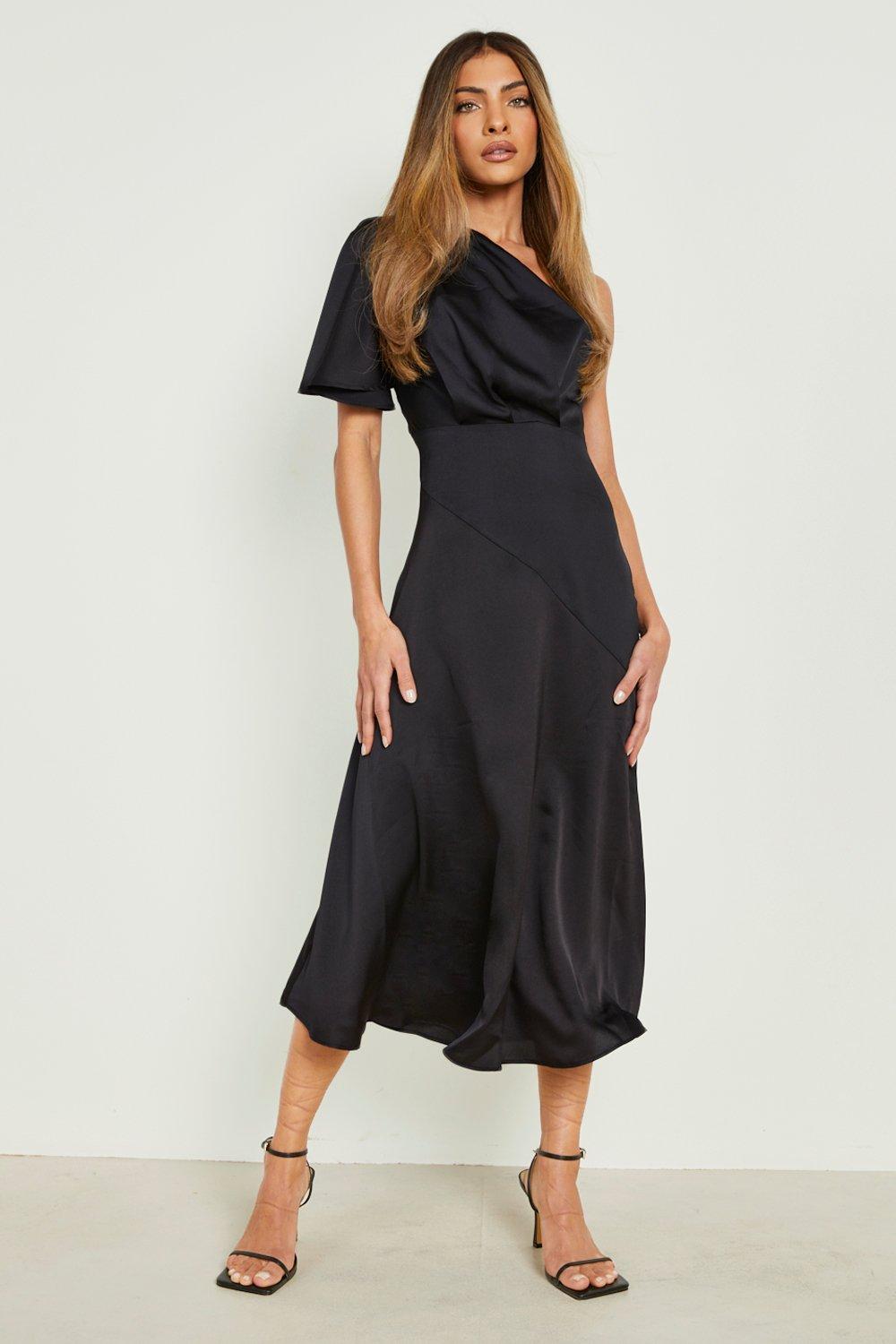 Boohoo Black Satin Asymmetric Womens Midaxi Dress