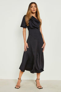 Boohoo Black Satin Asymmetric Womens Midaxi Dress