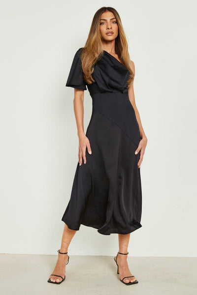 Boohoo Black Satin Asymmetric Womens Midaxi Dress