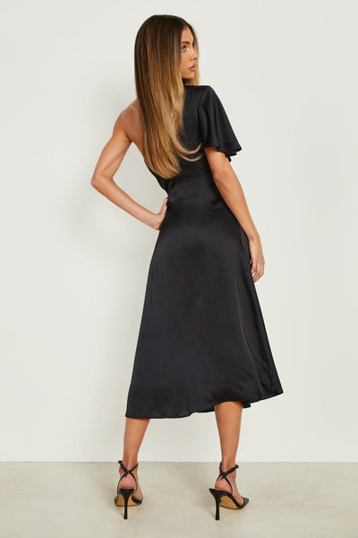 Boohoo Black Satin Asymmetric Womens Midaxi Dress