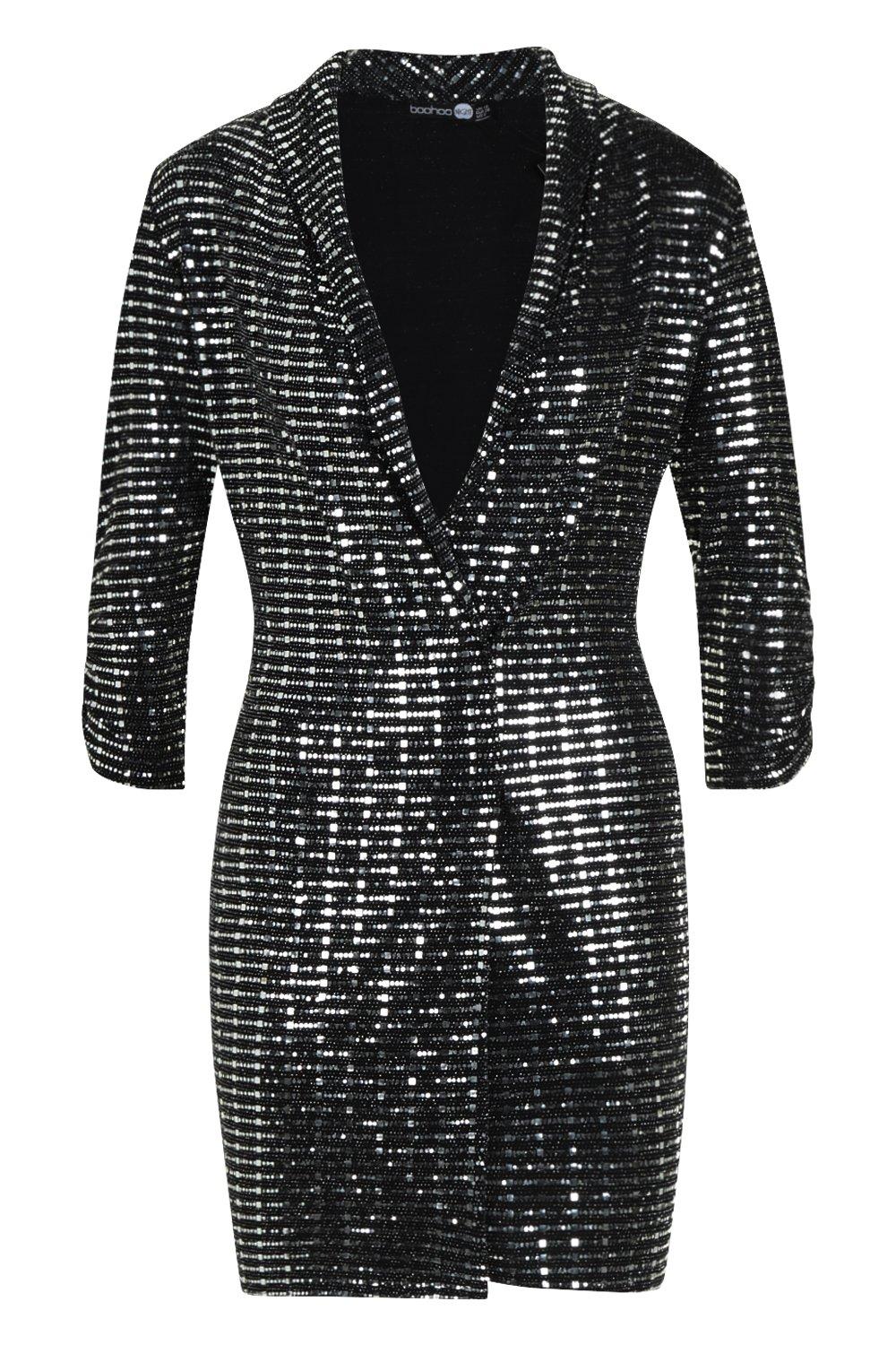 Boohoo Silver Metallic Blazer Mini Bodycon Party Womens Dress