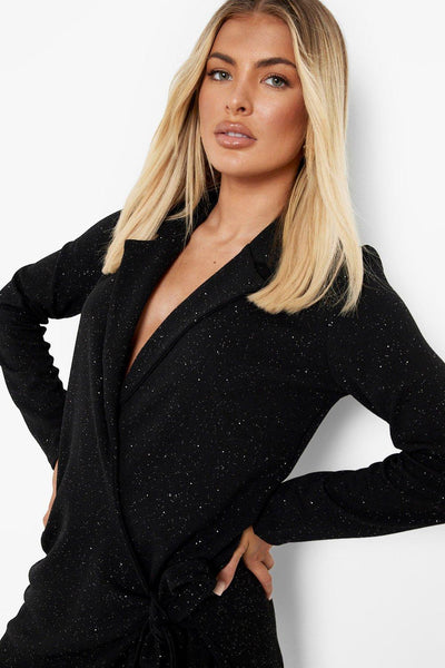 Boohoo Black Side Tie Metallic Blazer Party Womens Dress