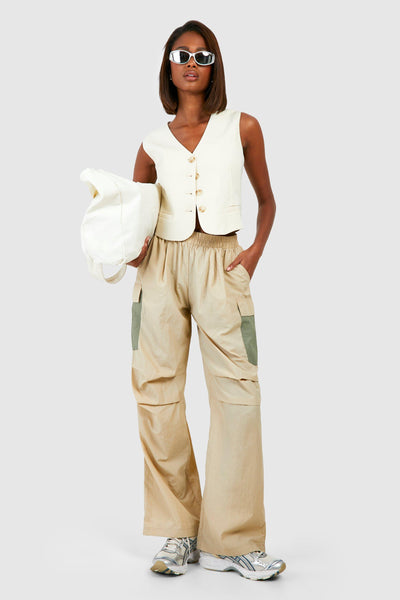 Boohoo Stone Colour Block Parachute Womens Trouser