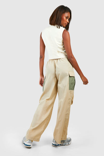 Boohoo Stone Colour Block Parachute Womens Trouser