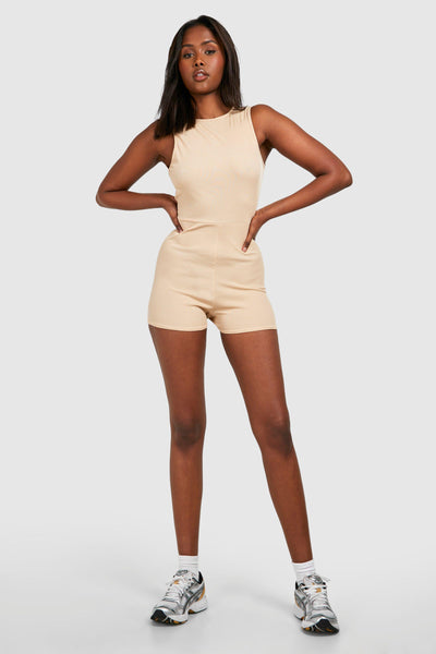 Boohoo Stone Rib Racer Short Unitard Womens Playsuit