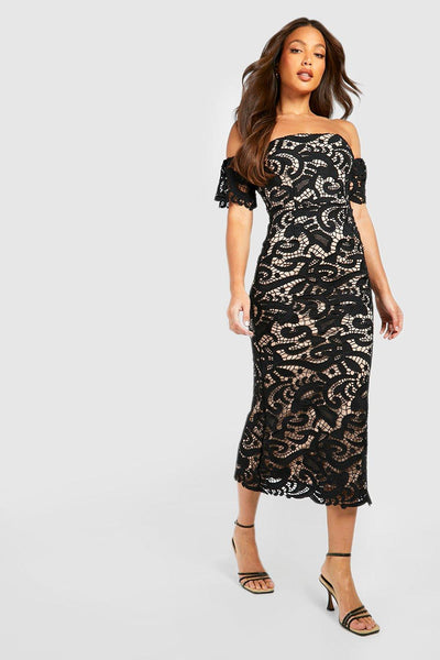 Boohoo Black Tall Premium Corded Lace Bardot Midaxi Womens Dress