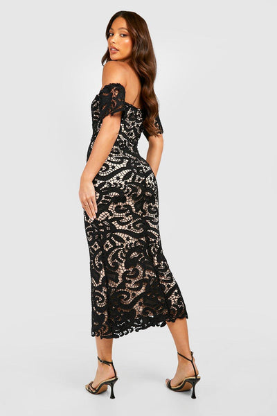 Boohoo Black Tall Premium Corded Lace Bardot Midaxi Womens Dress