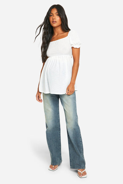 Boohoo White Maternity Jersey Milkmaid Frill Hem Smock Womens Top
