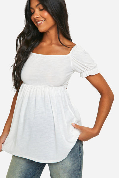 Boohoo White Maternity Jersey Milkmaid Frill Hem Smock Womens Top