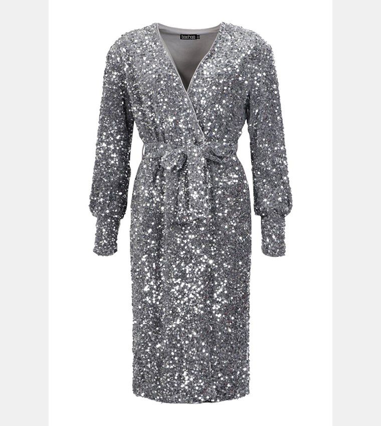 Boohoo Grey Sequin Long Sleeve Tie Waist Midi Party Womens Dress