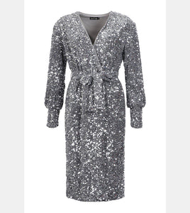 Boohoo Grey Sequin Long Sleeve Tie Waist Midi Party Womens Dress