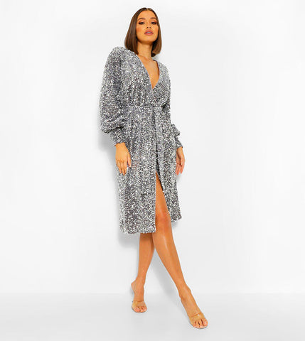 Boohoo Grey Sequin Long Sleeve Tie Waist Midi Party Womens Dress
