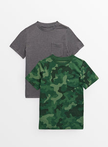 Tu 2 Pack Green Camo Print & Plain Grey Older Boys T-Shirts