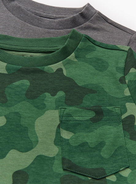 Tu 2 Pack Green Camo Print & Plain Grey Older Boys T-Shirts