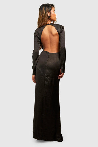 Boohoo Black Satin Cut Out Low Back Slip Midaxi Womens Dress