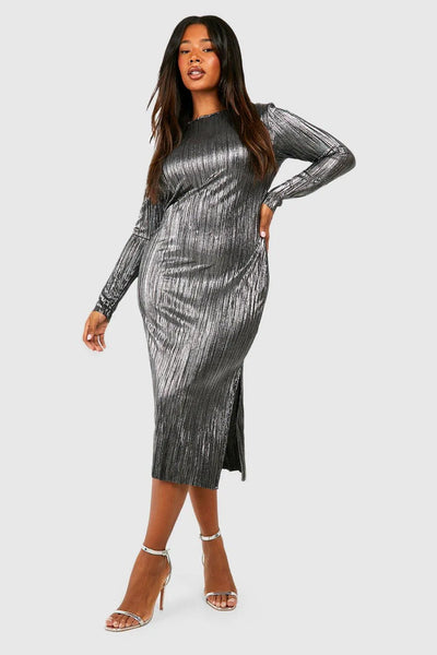 Boohoo Plus Silver Metallic Plisse Column Womens Midi Dress