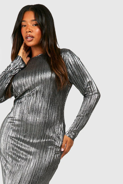 Boohoo Plus Silver Metallic Plisse Column Womens Midi Dress