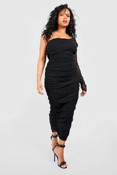 Boohoo Plus Black Mesh One Shoulder Ruched Midi Women Dress