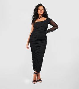 Boohoo Plus Black Mesh One Shoulder Ruched Midi Women Dress