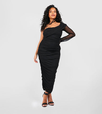 Boohoo Plus Black Mesh One Shoulder Ruched Midi Women Dress