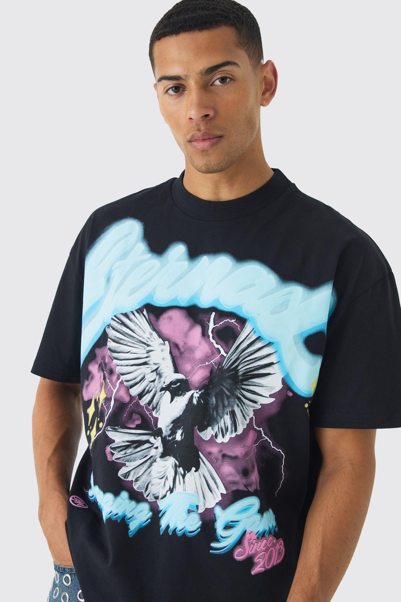 Boohoo Black Oversized Eternal Dove Graphic Heavyweight Mens T-Shirt