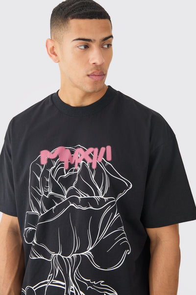 Boohoo Black Oversized Extended Neck Man Rose Mens T-Shirt