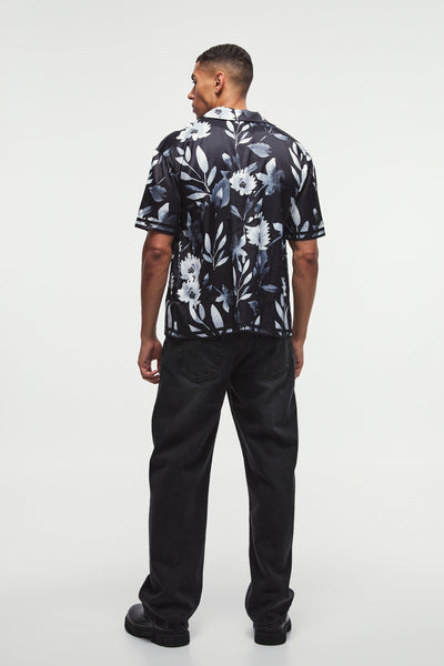 Boohoo Oversized Flower Printed Satin Short Sleeve Mens Shirt