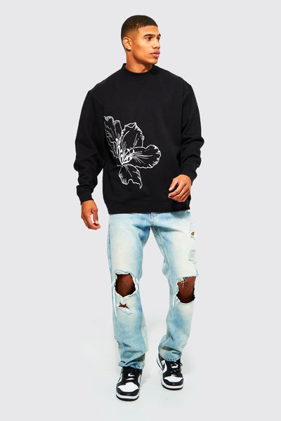 Boohoo Black Oversized Line Drawn Flower Print Mens Sweatshirt