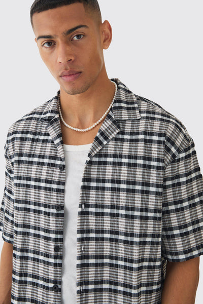 Boohoo Black Oversized Seersucker Check Revere Short Sleeve Mens Shirt