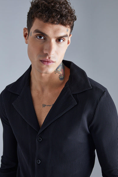 Boohoo Pleated Muscle Longsleeve Revere Mens Shirt