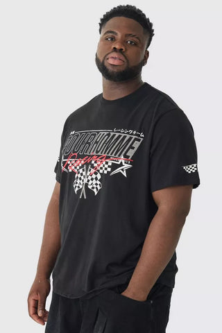 Boohoo Black Plus Pour Homme Racing Print Mens T-Shirt