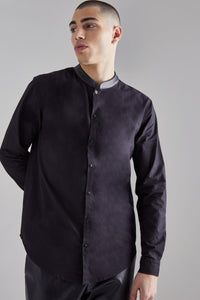 Boohoo Black Pu Grandad Collar Poplin Mens Shirt