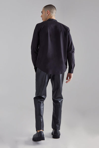Boohoo Black Pu Grandad Collar Poplin Mens Shirt
