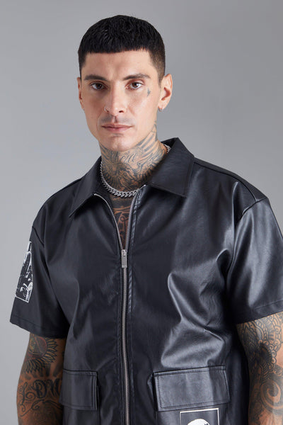 Boohoo Black Short Sleeve Boxy Photo Badge Mens Overshirt