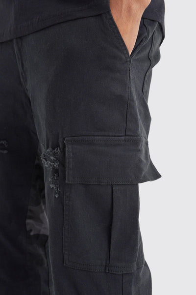 Boohoo Black Slim Stacked Flare Camo Gusset Rip And Repair Mens Trouser
